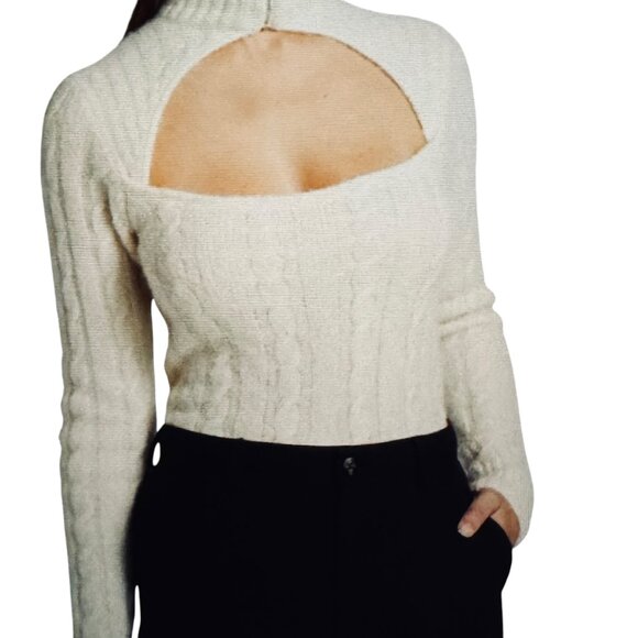 Ganni Cable Knit Keyhole Alpaca Blend Sweater Mock Neck Cut Out Zip Up Ivory - Picture 3 of 16